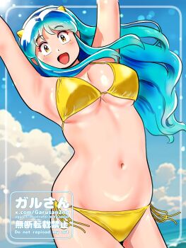 1girl bikini breasts cloud covered_erect_nipples day green_hair highres horns kenken28937178 large_breasts long_hair looking_at_viewer lowleg lowleg_bikini lum oni open_mouth smile solo swimsuit urusei_yatsura watermark yellow_bikini yellow_eyes