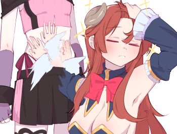 Rule 34 | 2girls, absurdres, afterimage, black skirt, bow, breasts, chiyoda momo, cleavage, clenched hands, closed eyes, closed mouth, commentary request, crisis management form (machikado mazoku), demon girl, demon horns, detached collar, detached sleeves, dot nose, elbow gloves, fingerless gloves, frilled cuffs, frilled sleeves, frills, front slit, gloves, hand in own hair, highres, horns, jujutsu kaisen, light blush, long hair, lower body, machikado mazoku, medium breasts, meme, midriff, multiple girls, naoya hitting choso without looking (meme), nontraditional playboy bunny, orange hair, panties, parody, pleated skirt, purple gloves, red bow, shimeji wyvern, side-tie panties, simple background, skirt, sparkle, standing, underwear, upper body, white background, yoshida yuuko