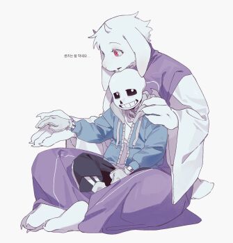 1boy 1girl animal_ears barefoot black_shorts blue_jacket colored_skin drawstring fang fewer_digits full_body furry furry_female gloves goat_ears goat_girl goat_horns goat_tail grin hand_on_another&#039;s_hand hand_on_another&#039;s_shoulder highres hood hood_down hooded_jacket horns jacket korean_text purple_robe red_eyes robe sans_(undertale) shorts shout_ing simple_background sitting sitting_on_lap sitting_on_person skeleton skin_fang smile tail toriel undertale utdr_(toby_fox) white_background white_gloves white_skin zipper