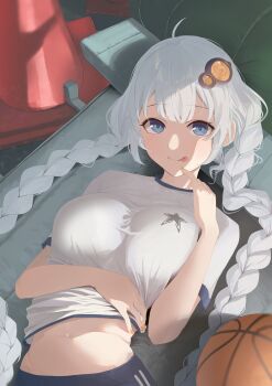 Rule 34 | 1girl, :p, absurdres, ball, basketball (object), blue eyes, braid, breasts, commentary request, hair ornament, highres, kizuna akari, large breasts, long hair, looking at viewer, lying, navel, nofakeuk, shirt, solo, stomach, tongue, tongue out, twin braids, upper body, vocaloid, voiceroid, white hair, white shirt