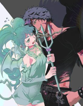 1boy 1girl annoyed belt black_pants black_shirt bracelet chain chain_necklace commentary_request cowboy_shot dark-skinned_male dark_skin demon_horns demon_tail demon_wings detached_sleeves dress drill_hair flying_sweatdrops green_hair hair_over_one_eye hand_in_pocket highres holding holding_polearm holding_weapon horns idol_land_pripara jewelry katasumi_amari korean_commentary long_hair looking_at_another mario_(pripara) mavdesus necklace open_mouth pants pink_eyes polearm pretty_series pripara red_eyes shirt short_dress short_hair sleeveless sleeveless_dress smile spiked_bracelet spikes standing tail tongue tongue_out trident twin_drills twintails weapon wings