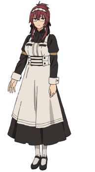 1girl anime_coloring apron black_dress black_ribbon breasts collared_dress dress full_body glasses hair_ribbon hairband highres large_breasts lillia_greyrat long_dress long_hair long_sleeves looking_at_viewer maid mary_janes mushoku_tensei official_art ponytail puffy_long_sleeves puffy_sleeves purple_eyes red_hair ribbon shimada_sanae shoes simple_background socks solo standing transparent_background white_apron white_socks