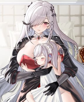 2girls absurdres azur_lane babydoll black_coat black_gloves blush breast_pillow breasts coat collarbone commentary dunkerque_(azur_lane) dunkerque_(meta)_(azur_lane) framed_breasts gloves grey_hair hair_ornament hair_over_one_eye high_ponytail highres huge_breasts indoors leotard light_smile long_hair mother_and_daughter multiple_girls pillow ponytail red_eyes red_leotard very_long_hair white_babydoll x_hair_ornament zbfmkc