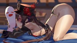 1boy 1girl animated arched_back ass bikini blush breasts brown_hair clenched_teeth club3 completely_nude dark-skinned_male dark_skin fellatio genshin_impact hat hetero highres hu_tao_(genshin_impact) hugging_object interior large_penis licking licking_penis live2d long_hair medium_breasts nipples nude on_pillow oral penis penis_grab pillow pillow_hug sex sex_from_behind sound star-shaped_pupils star_(symbol) swimsuit symbol-shaped_pupils teeth thick_thighs thighs top-down_bottom-up twintails uncensored video