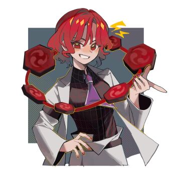 1girl 950magi618 commentary_request drum drum_set drumsticks highres holding holding_drumsticks horikawa_raiko instrument jacket lightning looking_at_viewer mitsudomoe_(shape) necktie plaid_clothes plaid_shirt purple_necktie red_hair shirt smile solo suit_jacket taiko_drum tomoe_(symbol) touhou upper_body white_background