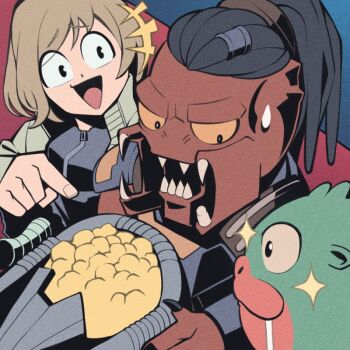 1boy alien armor dek_(predator) dreadlocks fingernails food holding mandibles monster open_mouth pechamaju predator:_badlands predator_(series) robot saliva sharp_fingernails shoulder_armor smile thia_(predator) yellow_eyes