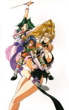 1990s_(style) 3girls blonde_hair blue_eyes blue_hair breasts cleavage crossed_arms dagger dark-skinned_female dark_skin earrings elbow_pads ellis_(toushinden) green_hair holding holding_dagger holding_knife holding_weapon jewelry knee_guards knee_pads knife kotobuki_tsukasa large_breasts legs leotard long_legs multiple_girls official_art open_mouth pelvic_curtain retro_artstyle simple_background sofia sofia_(toushinden) thigh_strap thighs tonfa toushinden tracy_(toushinden) weapon white_background white_leotard yokota_mamoru