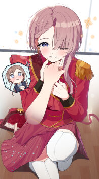 2girls ;d @_@ absurdres arimura_mao asymmetrical_bangs blush boots braid braided_bangs brown_hair commentary_request earrings female_pov flower flying_sweatdrops gakuen_idolmaster highres holding_hands idolmaster indoors jacket jewelry juu_10 looking_at_viewer multiple_girls on_one_knee one_eye_closed open_mouth pink_hair pov pov_hands red_flower red_jacket red_rose red_skirt rose short_hair skirt smile sparkle spoken_expression thigh_boots white_boots yuri