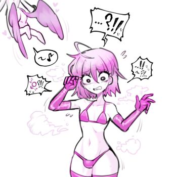 Rule 34 | 1boy, 1girl, angel, angel of kiss (oligogi meoggosipda), angel wings, bikini, black eyes, gloves, highres, micro bikini, oligogi meoggosipda, pink bikini, pink gloves, pink hair, pink thighhighs, swimsuit, thighhighs, transformation, trap, white background, wings