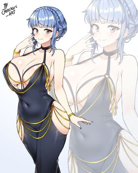 1girl absurdres alternate_costume bare_shoulders black_dress blue_hair blue_nails bracelet braid breasts brown_eyes cleavage clothing_cutout covered_navel crown_braid dress fire_emblem fire_emblem:_three_houses highres hip_vent jarckius jewelry large_breasts looking_at_viewer marianne_von_edmund modakawa_dress nail_polish nintendo simple_background solo zoom_layer