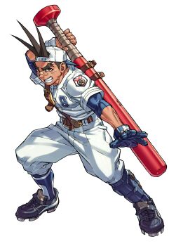 Rule 34 | 1boy, backwards hat, bandaid, bandaid on face, bandaid on nose, baseball bat, baseball cap, baseball jersey, baseball uniform, belt, brown hair, cleats, edaki shin'ya, fighting stance, game cg, gloves, grin, hat, highres, holding, holding baseball bat, jersey, justice gakuen, male focus, moero! justice gakuen, non-web source, official art, over shoulder, sawamura shoma, simple background, single glove, single shin guard, smile, solo, sportswear, standing, thick eyebrows, weapon, weapon over shoulder, white background