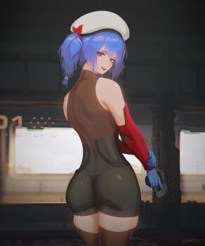 1girl absurdres ass beret black_bodysuit blue_gloves blue_hair bodysuit braid braided_twintails colphne_(girls&#039;_frontline_2) colphne_(silent_heart)_(girls&#039;_frontline_2) from_behind girls&#039;_frontline girls&#039;_frontline_2:_exilium gloves gun handgun hat highres holding holding_gun holding_weapon latex latex_gloves looking_at_viewer looking_back nishibuya pistol pocket_pistol short_twintails sleeveless sleeveless_bodysuit smile solo taurus_curve twintails weapon white_hat