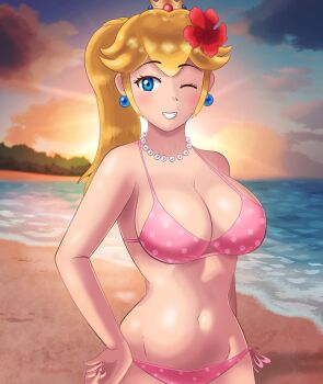 1girl arm_behind_back artist_name beach bikini blonde_hair blue_eyes breasts cleavage curvy grin half-closed_eyes hand_on_own_hip highres large_breasts legs leotard long_hair looking_at_viewer mario_(series) navel nintendo ocean one_eye_closed pink_bikini pink_lips ponytail princess princess_peach side-tie_bikini_bottom smile solo swimsuit teeth thighs thong_bikini toned water wink