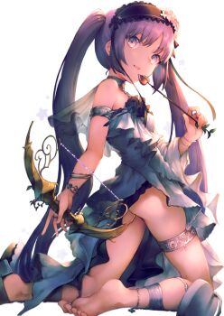 1girl armlet arrow_(projectile) ass barefoot bow_(weapon) breasts commentary_request dress en@rain euryale_(fate) euryale_(third_ascension)_(fate) fate/grand_order fate/hollow_ataraxia fate_(series) hairband highres jewelry lolita_hairband long_hair looking_at_viewer purple_eyes purple_hair small_breasts smile solo thighlet twintails very_long_hair weapon