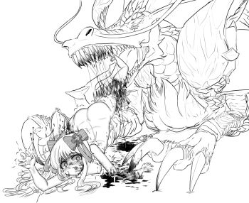 1girl absurdres amputee ass blood chaos_marie_(grimms_notes) chung_sung dragon eastern_dragon greyscale grimms_notes guro hair_ribbon highres ice_dragon_fo_(grimms_notes) long_hair monochrome monster open_mouth ribbon sharp_teeth simple_background teeth tongue white_background