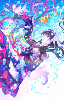 1girl absurdres air_bubble artist_name asymmetrical_gloves black_gloves black_hair blue_eyes blunt_bangs bubble dress fish gloves hair_ornament highres honkai:_star_rail honkai_(series) hysilens_(honkai:_star_rail) long_hair long_sleeves mismatched_gloves parted_lips purple_pupils red_gloves solo teeth underwater viclim-monou