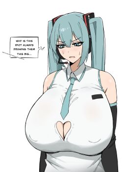 1girl absurdres alternate_breast_size_(larger) aqua_eyes aqua_hair aqua_necktie aqua_trim bare_shoulders black_sleeves blush breast_pocket breasts cleavage cleavage_cutout clothing_cutout commentary covered_erect_nipples detached_sleeves dotthebot double-parted_bangs downturned_eyes english_commentary english_text furrowed_brow grey_shirt hair_between_eyes hair_ornament hatsune_miku headset heart_cutout highres huge_breasts long_hair long_sleeves necktie paid_reward_available parted_lips pocket shirt simple_background sleeveless sleeveless_shirt solo speech_bubble standing sweat twintails upper_body vocaloid white_background