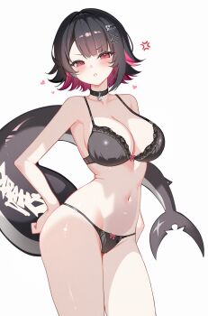 Rule 34 | 1girl, :o, absurdres, anger vein, bare arms, bare shoulders, black bra, black choker, black hair, black panties, blush, bra, breasts, choker, colored inner hair, commentary, cowboy shot, ellen joe, fins, fish tail, glint, hair ornament, hairclip, hands on own hips, heart, highres, lace, lace-trimmed bra, lace trim, large breasts, looking at viewer, multicolored hair, navel, o-ring, panties, parted lips, red eyes, red hair, satsumikiss, scar, scar on tail, shark girl, shark tail, short hair, simple background, solo, standing, string panties, tail, two-tone hair, underwear, underwear only, untranslatable commentary, v-shaped eyebrows, white background, x hair ornament, zenless zone zero