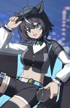 1girl absurdres animal_ear_fluff animal_ears bandaid bandaid_on_face bed belly black_hair blue_eyes blurry blurry_background blush building commission dog_ears dog_tail fangsie_fido hair_ornament highres indoors knee_up knees_up looking_at_viewer magnifying_glass navel open_mouth short_hair sitting skyscraper smile solo tail variance_project virtual_youtuber window