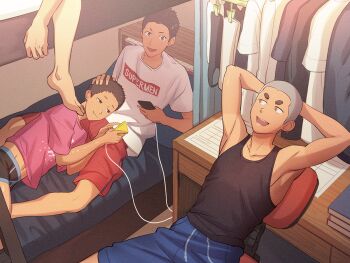 4boys armpits arms_behind_back barefoot bed bed_sheet black_male_underwear black_tank_top blue_shorts book boxer_briefs brown_eyes brown_hair bunk_bed cable cellphone chair charger closed_mouth desk hand_on_another&#039;s_head holding holding_phone indoors lap_pillow looking_at_phone lying male_focus male_underwear midriff_peek multiple_boys navel on_back on_chair on_side open_mouth original phone pink_shirt red_shorts shaved_head shirt short_hair shorts sitting slice_of_life smartphone socks tan tank_top tanline tettabuzz toned toned_male underwear unworn_shirt unworn_socks v-shaped_eyebrows white_shirt