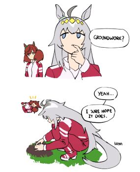 2girls ahoge animal_ears blue_eyes brown_hair closed_eyes dirt ear_covers ear_ornament english_text fikkyun grass grey_hair grey_tail hair_between_eyes hair_ornament hairband horse_ears horse_girl horse_tail jacket laughing long_hair long_sleeves medium_hair multicolored_hair multiple_girls nice_nature_(umamusume) oguri_cap_(umamusume) open_mouth pants pun red_jacket red_pants red_track_suit smile speech_bubble squatting tail tracen_training_uniform track_jacket track_pants track_suit twintails umamusume