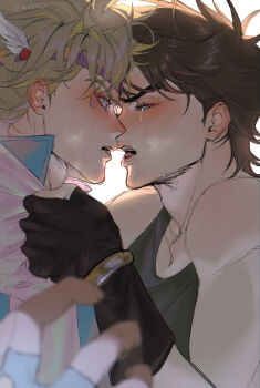 2boys after_kiss artist_name battle_tendency black_gloves black_tank_top blonde_hair blue_eyes blue_gloves blush brown_hair caesar_anthonio_zeppeli clothes_grab commentary_request crying crying_with_eyes_open ear_blush eye_contact face-to-face facial_mark fingerless_gloves gloves half-closed_eyes hand_up headband highres jojo_no_kimyou_na_bouken joseph_joestar joseph_joestar_(young) looking_at_another looking_at_viewer male_focus multiple_boys open_mouth purple_headband saliva saliva_trail short_hair simple_background sweat tank_top tears thick_eyebrows toned toned_male twitter_username upper_body white_background wide-eyed yaoi zxor1q0