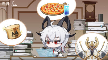 1girl absurdres ahoge black_eyes black_horns breasts chibi chibi_only chinese_commentary closed_mouth commentary_request curled_horns food highres holographic_interface horns indoors large_breasts logo long_hair multicolored_eyes multicolored_hair necktie official_art paper_stack pizza red_eyes red_necktie solo streaked_hair two-tone_eyes wuthering_waves zani_(wuthering_waves)