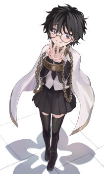 1girl absurdres black_eyes black_hair blush bound bound_wrists chain cloak collar collared_shirt commentary demonasa english_commentary full_body glasses highres limbus_company looking_at_viewer messy_hair necktie project_moon shirt simple_background skirt solo sora_(project_moon) thighhighs thighs v white_background
