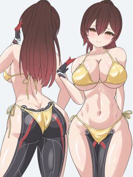 1girl absurdres alternate_costume armanditto bikini blush breasts brown_hair butt_crack commentary contrapposto cowboy_shot english_commentary gold_bikini golden_week gradient_hair highleg highleg_bikini highres hip_bones hip_dips hololive large_breasts long_hair mechanical_hands mechanical_legs median_furrow midriff multicolored_hair multiple_views narrow_waist navel ponytail raised_inner_eyebrows roboco-san side-tie_bikini_bottom stomach string_bikini swimsuit virtual_youtuber wide_hips yellow_eyes