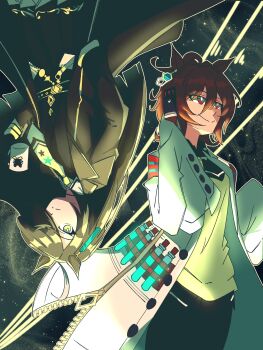 2girls absurdres agnes_tachyon_(tach-nology)_(umamusume) agnes_tachyon_(umamusume) ahoge animal_ears black_coat black_gloves black_hair black_necktie black_pantyhose black_shirt black_skirt brown_hair cellphone chemical_structure closed_mouth coat coffee_mug collared_shirt cork cup ear_tag earrings flip_phone gloves hair_between_eyes hand_in_pocket highres holding holding_cup horse_ears horse_girl jewelry jongk_ok lab_coat long_bangs long_hair long_hair_between_eyes long_sleeves manhattan_cafe_(creeping_shadow)_(umamusume) manhattan_cafe_(umamusume) mug multicolored_hair multiple_girls necktie pantyhose phone red_eyes shirt short_necktie single_earring skirt sleeves_past_fingers sleeves_past_wrists smile sweater sweater_vest test_tube umamusume white_coat white_hair wolf_cut yellow_eyes yellow_necktie yellow_sweater yellow_sweater_vest