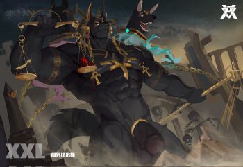 1boy abs animal_ears anuberus_(xxl) artist_logo bara chinese_commentary chinese_text closed_mouth commentary_request fangs flaccid flaming_head floating_head furry furry_male great_pyramid_of_giza highres holding holding_scale holding_staff jackal_boy jackal_ears jackal_tail logo male_focus multiple_heads muscular muscular_male navel nipple_piercing nipples nude obelisk open_mouth pectorals penis piercing pyramid pyramid_(structure) sand skeleton staff testicles translation_request vvan xxl_woofia