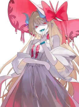 1girl absurdres aqua_horns aqua_tongue bare_shoulders blonde_hair bow bowtie commentary commission dress feet_out_of_frame hair_ribbon half-closed_eyes hand_up hat hat_ribbon highres horns large_hat long_dress long_hair long_sidelocks looking_at_viewer multicolored_hat nbee_ya off_shoulder open_clothes open_mouth open_robe original purple_ribbon red_bow red_bowtie red_eyes red_hat red_ribbon ribbon robe shaded_face sharp_teeth sidelocks simple_background sleeveless sleeveless_dress solo teeth two-tone_hat upper_teeth_only white_background white_dress white_hat white_robe wide_sleeves