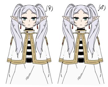 1boy 1girl capelet commentary dual_persona earrings english_commentary frieren frown genderswap genderswap_(ftm) green_eyes grey_hair jewelry mars_symbol potty shirt skirt sousou_no_frieren striped_clothes striped_shirt teardrop_earrings trap twintails venus_symbol wanderjegson white_capelet white_skirt