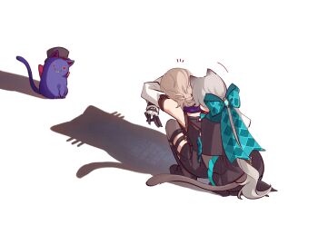 1boy 1girl animal_ears aqua_bow black_boots black_capelet black_corset black_dress black_gloves black_shorts blonde_hair boots bow braid brother_and_sister brown_thighhighs capelet cat cat_ears cat_girl cat_shadow_puppet_(meme) cat_tail commentary_request corset detached_sleeves different_shadow dress genshin_impact gloves grey_hair hair_bow highres huge_bow long_hair long_sleeves low_ponytail lynette_(genshin_impact) lyney_(genshin_impact) meme multicolored_gloves nekorin_chu notice_lines pleated_dress ponytail rosseland_(genshin_impact) shadow shadow_puppet shirt short_dress short_hair short_shorts shorts siblings simple_background single_braid sleeveless sleeveless_shirt squatting tail thigh_strap thighhighs twins two-tone_gloves very_long_hair vision_(genshin_impact) watermark white_background white_gloves white_sleeves