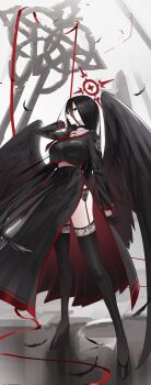 1girl absurdres black_choker black_feathers black_gloves black_hair black_serafuku black_shoes black_skirt black_thighhighs black_wings blue_archive breasts choker feathered_wings feathers full_body garter_straps gloves hair_between_eyes half_gloves halo hand_in_own_hair hasumi_(blue_archive) high_heels highres justice_task_force_(blue_archive) large_breasts long_hair long_hair_between_eyes long_legs long_skirt long_sleeves low_wings mole mole_under_eye neckerchief parted_lips pumps red_eyes red_halo red_neckerchief sailor_collar school_uniform serafuku shedar shirt_overhang shoes side_slit skirt standing thighhighs very_long_hair wings