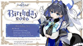 1girl 2026 :3 birthday black_gloves black_hair black_shirt black_sleeves blue_bow blue_bowtie blue_eyes blue_gem blue_hair bow bow_earrings bowtie breasts brooch chain chain_headband character_name clothing_cutout colored_inner_hair company_name copyright_notice crop_top detached_sleeves earrings english_text frills gem gloves hair_intakes half-skirt halo heart heart-shaped_gem heart_brooch highres hololive hololive_english jewelry juliet_sleeves large_breasts leaning_forward logo long_sleeves looking_at_viewer multicolored_hair official_art ouro_kronii ouro_kronii_(1st_costume) pinstripe_pattern pinstripe_shirt pinstripe_skirt promotional_art puffy_sleeves sailor_collar shirt short_hair skirt sleeveless sleeveless_shirt smile solo underboob underboob_cutout upper_body veil vest virtual_youtuber wada_arco white_sailor_collar white_shirt white_veil zipper