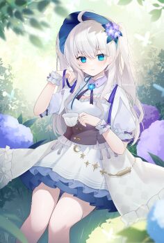 1girl absurdres ahoge blue_bonnet blue_eyes blue_flower bonnet commentary commission cup dress erro flower flower_on_head hand_up highres holding holding_cup indie_virtual_youtuber kooriais layered_dress leaf light_smile long_hair looking_at_viewer nature on_grass outdoors purple_flower purple_ribbon ribbon short_sleeves sitting skeb_commission solo star_(symbol) symbol-only_commentary teacup twintails white_dress white_hair white_wrist_cuffs wrist_cuffs