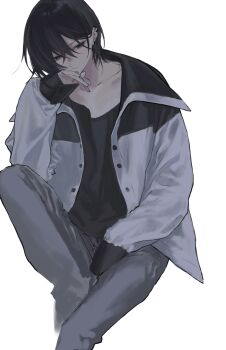 1boy bags_under_eyes black_eyes black_hair black_jacket black_shirt buttons closed_mouth collarbone double-parted_bangs earrings empty_eyes expressionless feet_out_of_frame green_streaks grey_pants hair_behind_ear hair_between_eyes hand_on_own_chin head_tilt highres hoop_earrings indigo_(indigo_aoi) invisible_chair jacket jewelry looking_to_the_side male_focus mayuzumi_kai mayuzumi_kai_(1st_costume) multicolored_hair multicolored_jacket multiple_earrings nijisanji open_clothes open_jacket pants protected_link shirt short_hair sitting sleeves_past_fingers sleeves_past_wrists solo two-tone_hair two-tone_jacket virtual_youtuber white_background white_jacket