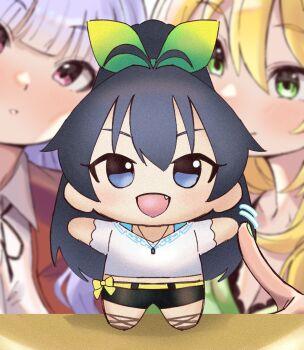 Rule 34 | 2girls, :d, anjerain, black hair, blonde hair, blurry, blurry background, character doll, commentary request, doll, fang, fingernails, ganaha hibiki, green eyes, green nails, grey hair, hair ribbon, high ponytail, highres, hoshii miki, idolmaster, idolmaster (classic), long hair, looking at viewer, multiple girls, nail polish, open mouth, pink eyes, ponytail, ribbon, shijou takane, shirt, smile, standing, white shirt