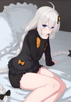 1girl absurdres ahoge black_bloomers bloomers blue_eyes blush braid casual commentary_request highres kizuna_akari light_smile long_hair looking_at_viewer pillow ruttse sitting solo twin_braids underwear very_long_hair vocaloid voiceroid