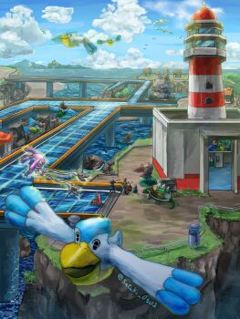 ampharos annotated beach bicycle bird blue_sky bridge chatot cliff cloud cloudy_sky commentary_request creature day fence floating floatzel flying gastrodon gastrodon_(west) gen_2_pokemon gen_3_pokemon gen_4_pokemon highres house legendary_pokemon lucario mesprit mountain munchlax nintendo noctowl owl partial_commentary pelipper pokemon pokemon_(creature) pokemon_dppt river sand satsuki_(pixiv44579273) scenery sign signature sky stained_glass statue sunyshore_city torterra tower water wingull