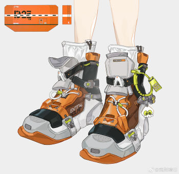 1other ambiguous_gender animal_charm ankle_socks boots charm_(object) chinese_commentary commentary_request feet_only grey_background highres logo nintendo orange_boots simple_background socks solo splatoon_(series) squid watermark weibo_watermark white_socks yize_qingri