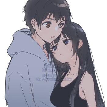 1boy 1girl 9s_(yamamoto_yamato) bare_shoulders black_hair black_tank_top blue_eyes breasts brown_eyes collarbone drawstring grey_hoodie hetero hood hood_down hoodie long_hair medium_breasts mineshima_yuu mizuki_riko parted_lips sakagami_touma simple_background tank_top upper_body watermark white_background