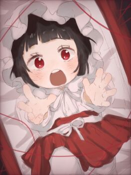 1girl aged_down baby black_hair bonnet commentary_request crib eyelashes from_above limbus_company open_mouth project_moon reaching reaching_towards_viewer red_eyes red_skirt rin_3097p ryoshu_(project_moon) short_hair skirt solo string white_bonnet