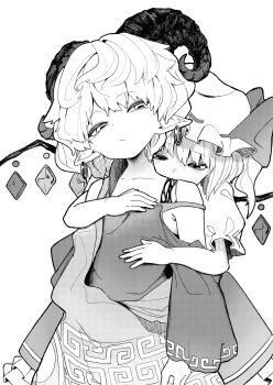 2girls absurdres bare_shoulders biting blood collarbone crystal curly_hair earrings flandre_scarlet flat_chest greyscale hat highres horizontal_pupils horns hug hug_from_behind jewelry looking_at_another mob_cap monochrome motutigire multiple_girls neck_biting off_shoulder pointy_ears puffy_short_sleeves puffy_sleeves sheep_horns shirt short_sleeves side_ponytail simple_background touhou toutetsu_yuuma wings