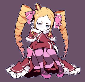 1girl :t akableak beatrice_(re:zero) blonde_hair blue_eyes bow butterfly-shaped_pupils capelet closed_mouth crown dress drill_hair eyelashes flats frilled_skirt frills full_body fur-trimmed_capelet fur_trim hair_bow highres hugging_own_legs knees_up long_hair long_sleeves looking_at_viewer mini_crown on_ground pantyhose parted_bangs pigeon-toed pink_bow pink_pantyhose pink_pupils pink_ribbon pink_shoes pout purple_pantyhose re:zero_kara_hajimeru_isekai_seikatsu red_capelet red_dress ribbon shoes sidelocks sitting skirt solo striped_clothes striped_pantyhose symbol-shaped_pupils twin_drills v-shaped_eyebrows white_trim