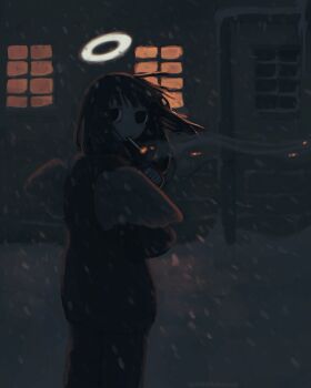 1girl absurdres angel angel_wings artist_name black_eyes black_hair cigarette embers feathered_wings glowing glowing_halo glowing_windows grey_wings haibane_renmei halo highres icicle industrial_pipe jacket kurohanenone looking_back outdoors pants reki_(haibane_renmei) smoking snow snowflakes snowing traditional_halo window window_light wings