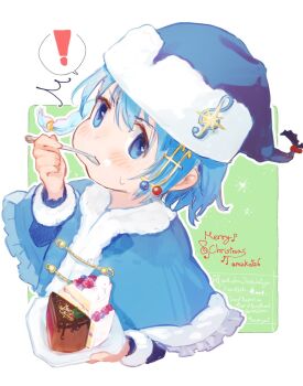Rule 34 | !, 1girl, ^^^, blue eyes, blue hair, blush, braid, cake, cake slice, capelet, christmas, commentary request, cropped torso, eating, food, fortissimo, frilled capelet, frills, fur-trimmed capelet, fur-trimmed sleeves, fur trim, hat, highres, holding, holding plate, holding spoon, long sleeves, mahou shoujo madoka magica, mahou shoujo madoka magica (anime), merry christmas, miki sayaka, miki sayaka (magical girl), mzk0526, plate, santa hat, side braid, solo, spoken exclamation mark, spoon, sweat, treble clef, watermark