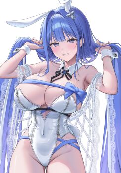 Rule 34 | 1girl, alternate costume, animal ears, arcana (nikke), blue eyes, blue ribbon, blush, bow, bowtie, breasts, cleavage, commentary request, covered navel, detached collar, fake animal ears, goddess of victory: nikke, groin, hair ornament, highres, holding own hair, idasu (hyun9164), large breasts, leotard, looking at viewer, parted lips, rabbit ears, rabbit girl, ribbon, simple background, solo, standing, white background, white leotard, wrist cuffs, zipper leotard