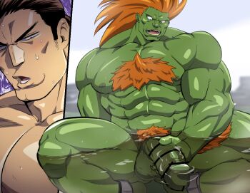 Rule 34 | 2boys, abs, bar censor, bara, blanka, censored, colored skin, completely nude, fangs, green skin, hand on own penis, hibiki dan, huge penis, large pectorals, male focus, male pubic hair, multiple boys, muscular, muscular male, navel, nipples, nude, orange hair, partially submerged, pectorals, penis, pointless censoring, pubic hair, street fighter, testicles, thick chest hair, zoku bu